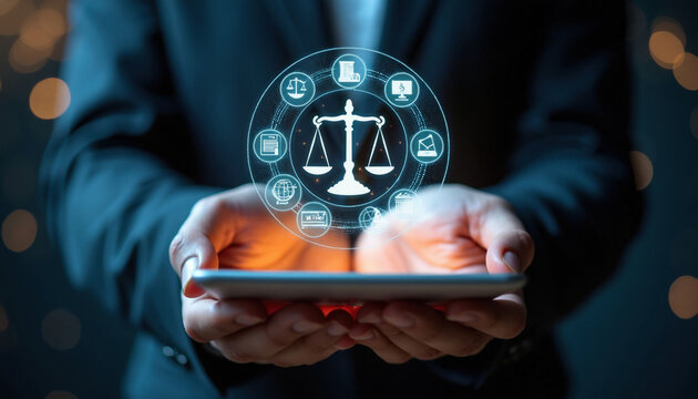 Business person holds digital tablet displaying hologram of legal scales, law icons. Lawyer uses tech for justice cases, pro court advice. Modern digital contract service ensures integrity, fair