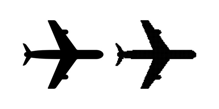 Airplane Silhouette Icons in Minimal Black Vector and Pixel Style
