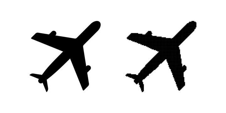 Diagonal Airplane Silhouette Icons in Pixel and Vector Style