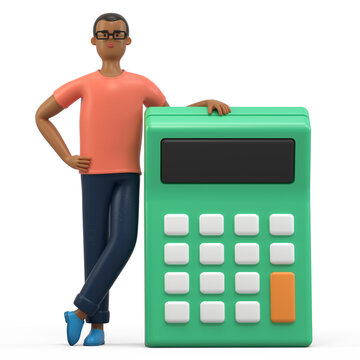 A man leans on a large calculator