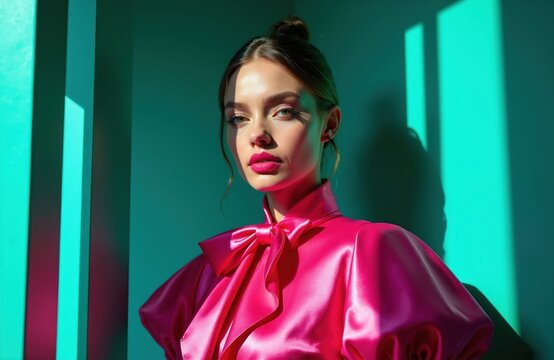 Woman in bold pink satin shirt poses. Her makeup is bright, her hair is styled. Studio lighting creates dramatic shadows. Modern fashion portrait.