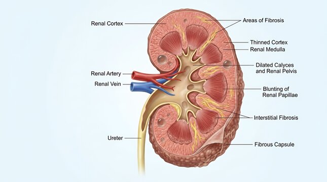 Three dimensional anatomical cross section displaying internal deterioration of a human excretory organ  kidney disease chronic medical organ cross section 3d illustration rendering