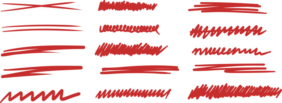 Hand drawn red marker underlines set, scribble highlights, cross out lines, and strike through strokes isolated on white