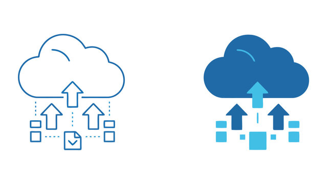 Cloud storage upload icon set with file document and data blocks representing secure file transfer and remote server backup solutions for modern information technology data management systems