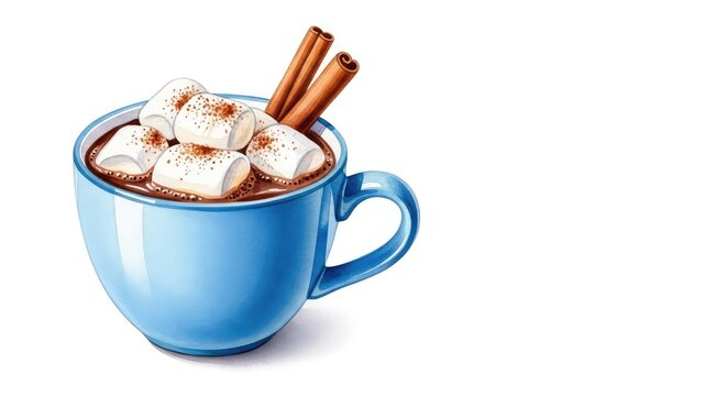 Beautiful watercolor painting of hot chocolate in a blue ceramic mug with fluffy marshmallows and cinnamon sticks on a white background, hot chocolate, delicious, decorative
