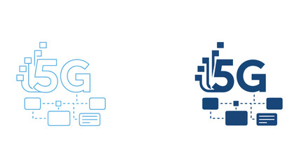 Fototapeta premium Next generation 5g network technology logo featuring digital data blocks and connectivity flow chart in blue line art and solid fill style for telecommunications and high speed internet