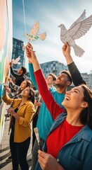 Obraz premium Cheerful young woman celebrating International Youth Day on August 12th with diverse friend group, painting colorful wall mural, holding paper peace dove cutout, smiling under sunny blue sky.