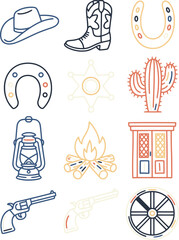 Fototapeta premium Set of wild west cowboy icons featuring hat boot horseshoe cactus lantern campfire and gun elements