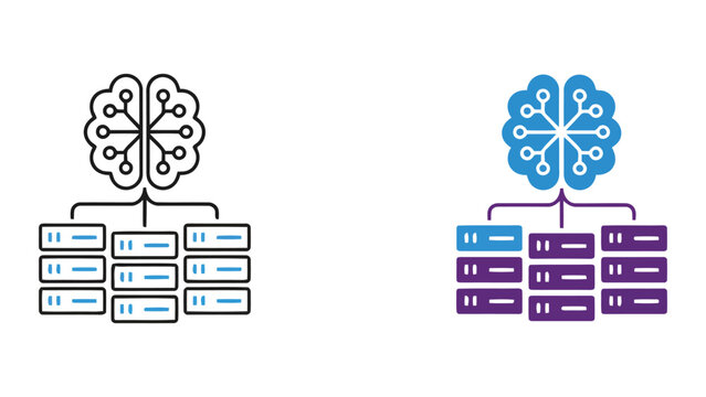 Artificial intelligence brain connected to server rack storage for big data and neural network processing concept vector illustration set for professional technology and software graphics