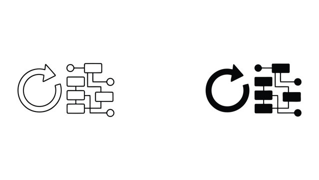 Data processing and workflow cycle icon set with flowchart nodes and circular refresh arrows in linear and solid black styles for system automation and business process engineering visuals