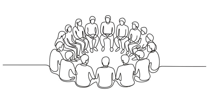 Group of people sitting in a circle for a meeting drawn in one line