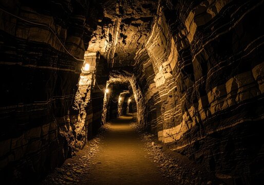 Dimly lit subterranean mining passage showcasing sharp jagged walls and dark mineral layers under warm artificial light in a deep shaft, tunnel, earth, mineral