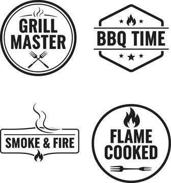 Vintage BBQ logo set with 4 grill master badges, retro barbecue labels with flame and fork icons, black and white smoke and fire vector emblems