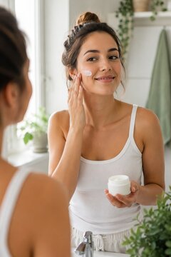 Young woman applying face cream in morning skincare routine at mirror