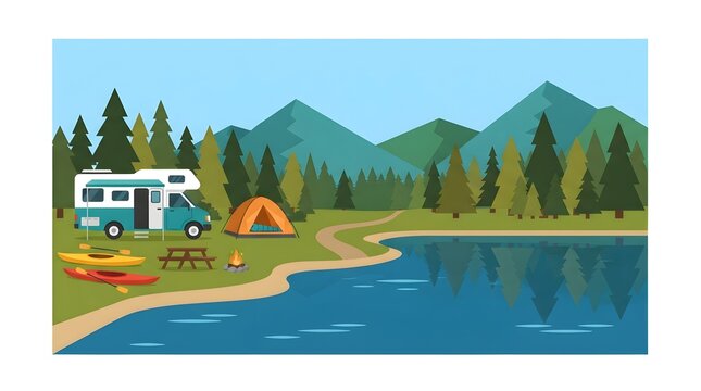 Modern flat vector illustration of a camper van parked beside a lake with a camping tent, kayaks, picnic table, and campfire surrounded by pine forest and mountain scenery. Ideal for travel, camping, 
