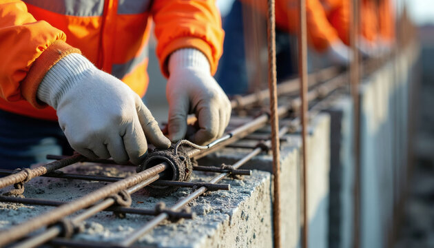 Construction worker gloves secure steel rebar grid with wire for concrete column footing. Builder ties metal bars, building infra structure detail. Precise work prepares foundation.