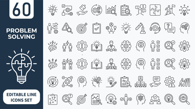 Problem Solving line editable icon set. Containing Problem, Solution, logic, strategy, thinking, process, decision,  idea,and more. Editable stroke. Vector illustration	