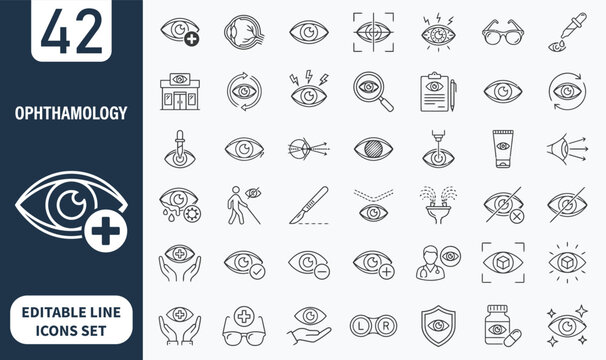 Ophthalmology line editable icon set. Contain icons related to medical eye care, optometry, vision correction, and more. Editable stroke. Vector illustration 