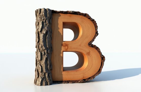 Letter B crafted from natural wood with authentic tree bark texture on white background. Rustic alphabet sign features organic grain surface for decorative typography projects. Artistic 3D sculpture