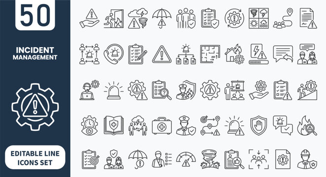 Incident management icon set. Contain icons related to incident, response, emergency, mitigation, preparedness, recovery, and more. Outline icons collection. editable stroke. Vector illustration