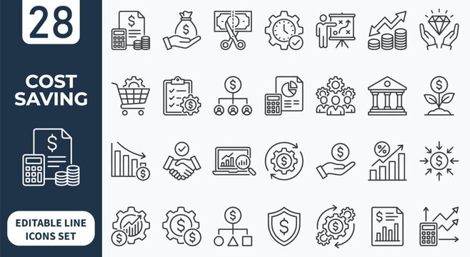 Cost Saving icon set. Containing saving, budget, cost, efficiency, reduction, expense, planning, spending, investment, and more. Outline icons collection. Editable stroke. Vector illustration