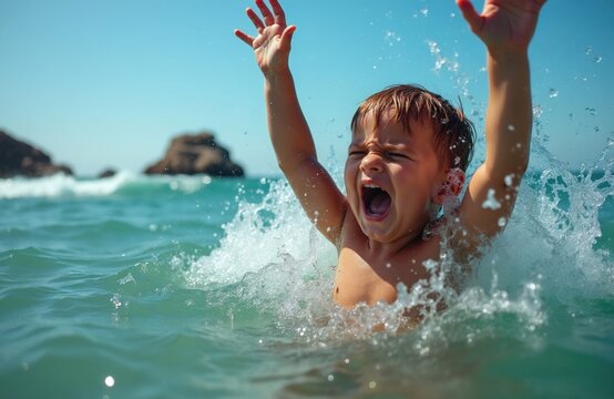 Little boy drowns in deep ocean water during summer vacation. Child screams, waves arms in panic seeking urgent help sinking under waves. Young kid struggles in sea surf near beach needing immediate
