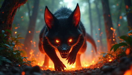 Fototapeta premium Black creature with glowing orange eyes runs through dark forest floor. Wild animal pointed ears, sharp teeth. Fantasy beast moves across glowing embers in woods. Digital artwork shows scary monster