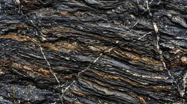 A Close Up View of Dark Jagged Rock Layers with Mineral Veins