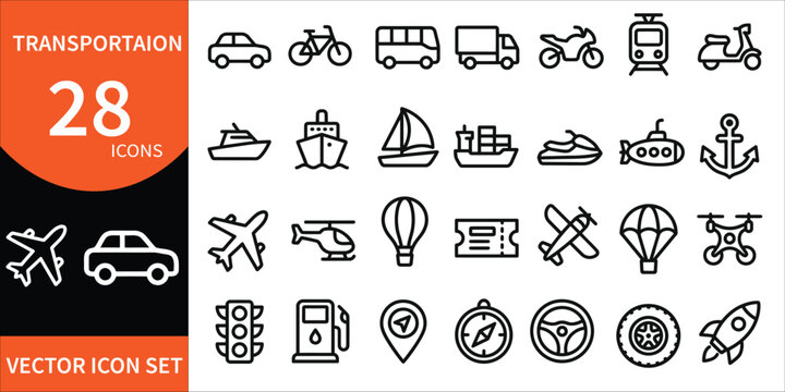 Transportation vector illustration icon set 28 line icons for travel logistics designs
