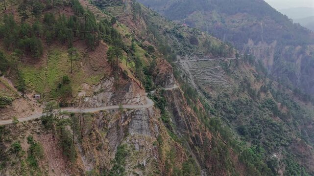 Aerial View of Winding Mountain Road in Pangi Valley, Himachal Pradesh, India
