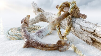 Fototapeta premium Rustic metal anchor with weathered wooden driftwood and thick rope on sand