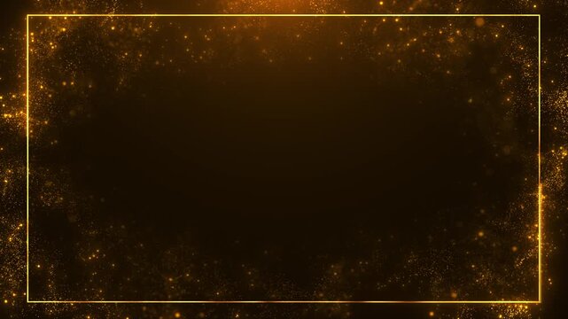 Golden particle border background glowing rectangle frame, dark luxury copy space, sparkling dust edges. wedding award titles, invitation screens, festive promos, celebration intros, elegant overlays.