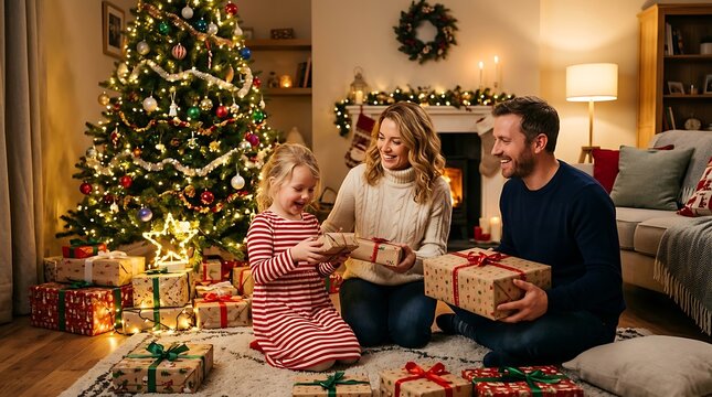 Happy family celebrating christmas eve with presents in living room.