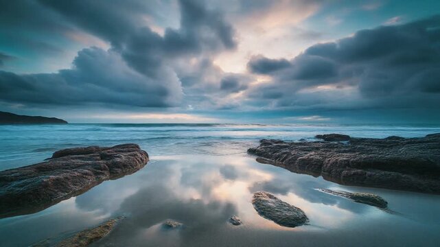 Beach loop tide pools shimmer with reflections from the sky gentle waves lapping the peaceful coast