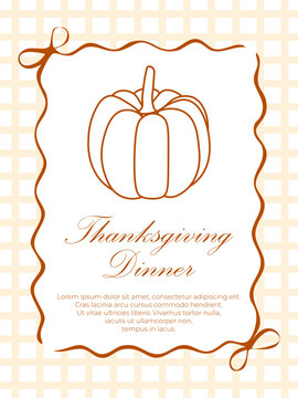 Thanksgiving Dinner invitation card template with outline pumpkin and plaid background