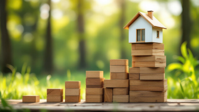 Wooden blocks stacked into ascending towers with small model house on tallest stack evoking growth, investment and sustainable home planning in sunlit green outdoor setting