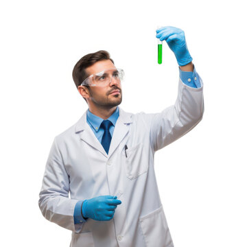 Scientist holding a test tube with a green substance in a lab coat and gloves.