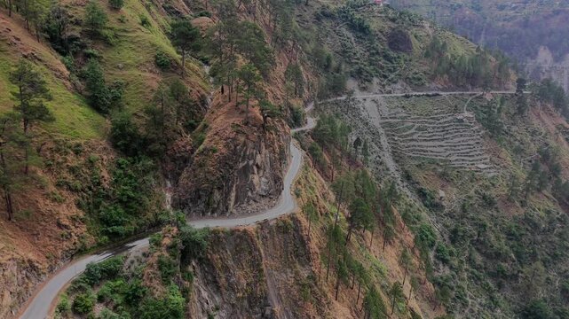 Aerial View of Winding Mountain Road in Pangi Valley, Himachal Pradesh, India