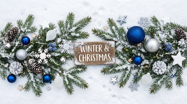 Winter and christmas background with fir tree branches, blue ornaments, and pine cones in snow.
