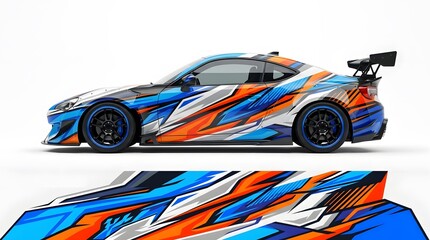 Fototapeta premium Dynamic Sports Car Wrap Design with Blue, Orange, and White Abstract Graphics