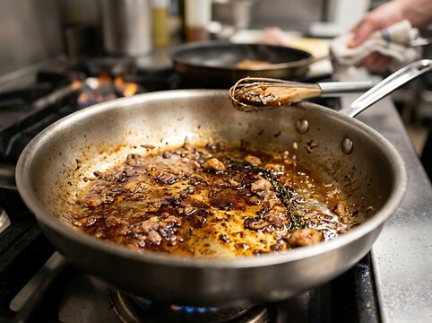 Chef preparing delicious pan sauce with mushrooms and fresh herbs in professional kitchen.