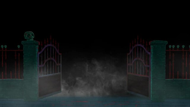 Spooky iron gate at night. Dark metal fence entrance with eerie fog and mysterious atmosphere.