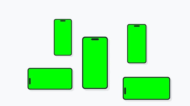 Smartphone mockups with green screens floating in multi-screen layout on white background for mobile app presentation and user interface showcase.