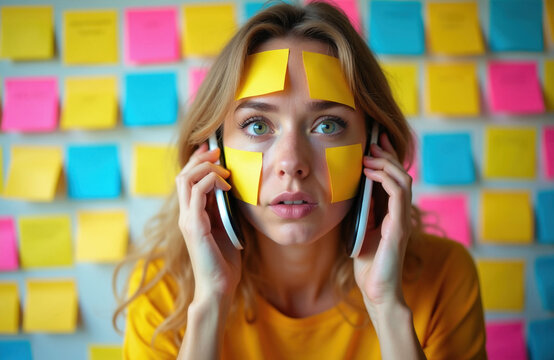 Stressed young woman sticky notes on face, temples. Confused female worker feels pressure from many tasks, deadline. Office girl holds two mobile phones to ears multitasking. People suffer burnout,