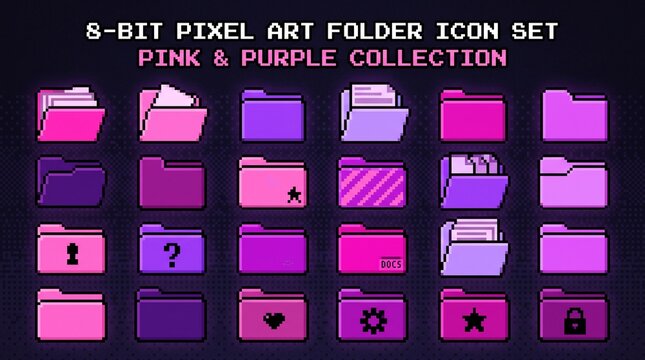 8-bit pixel art folder icon set. Retro computer file directory graphics in pink and purple.