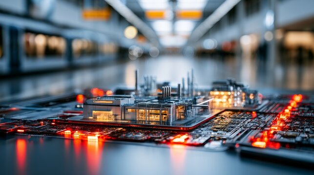 Close up view of futuristic microchip electronic circuit with glowing lights