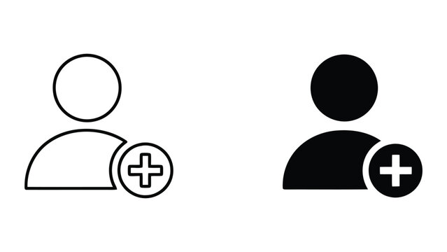 User profile add contact icon set in thin line and thick solid black style for social media and account management interfaces