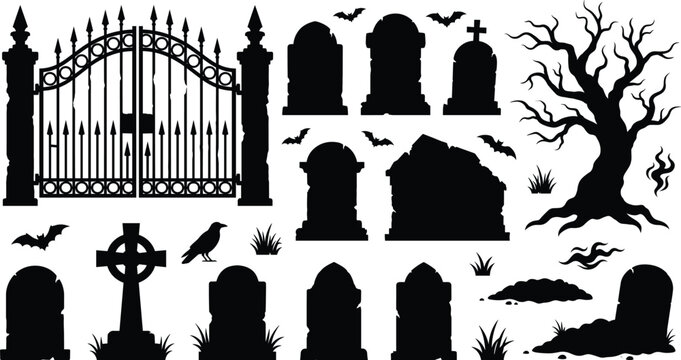 Spooky halloween graveyard silhouette vector set with cemetery gates tombstones creepy dead tree flying bats and scary cross