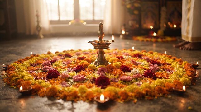 Onam pookalam with central oil lamp, vibrant floral rangoli design, traditional Indian festival decoration, temple floor art, Kerala celebration light