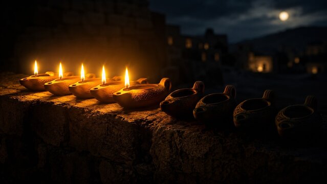 AI generated cinematic 3D parable of the ten virgins with antique oil lamps on stone wall 